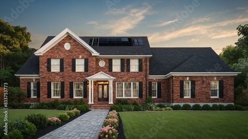Colonial style brick family house exterior with black roof tiles. Beautiful front yard with lawn and flower bed. 