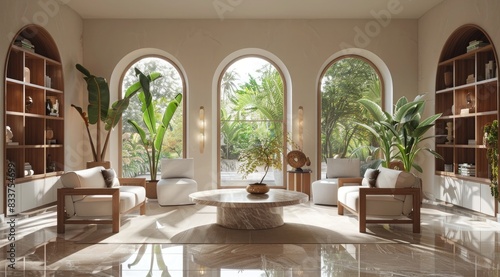 A living room with three arched windows, beige walls and marble floors, modern furniture, tropical plants, a round coffee table
