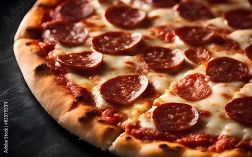 Delicious slice of pepperoni pizza soaring on a black background, dramatic lighting and enticing design