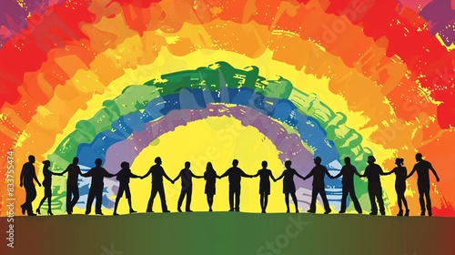13. An illustration of a diverse group of people holding hands in a circle, symbolizing unity and equality, with a large rainbow flag waving in the background