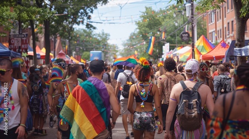 14. A lively street festival with vendors, performers, and attendees all celebrating Pride, with rainbow flags, face paint, and a joyous atmosphere of community
