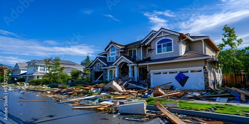 Damaged suburban homes show impact of earthquakes on insurance and construction materials. Concept Natural Disasters, Earthquake Damage, Insurance Claims, Construction Materials, Suburban Homes