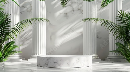 3D Roman/Greek podium for luxury product display. Elegant white marble podium with classic columns.