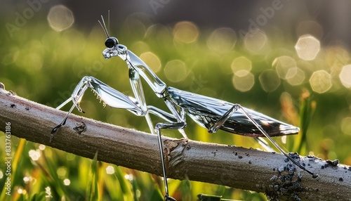A glass praying mantis on a branch with a grassy background.