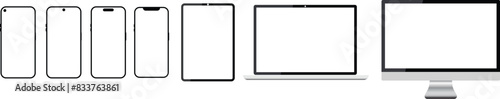 Set of Realistic computer laptop smartphone with transparent screen. Tablet gadget template, Group PC laptop mobile devices mockup. I phone iPad and mac LCD presentations wallpaper design