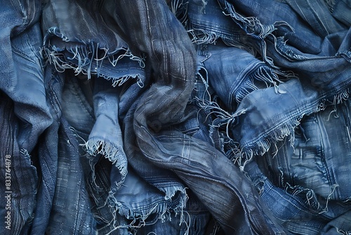 Worn-out denim fabric with frayed edges.