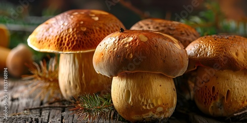 Wild Edible Boletus Edulis Mushrooms: A Group of Brown-Capped Delicacies. Concept Wild Mushrooms, Foraging, Boletus Edulis, Edible Fungi, Brown Cap Mushrooms