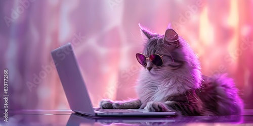 Trendy cat in sunglasses using laptop in hacker-themed setting flaunting stylish fashion. Concept Fashion, Cats, Sunglasses, Hacking, Trendy
