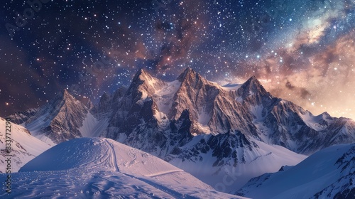 Peaks capped in pristine snow under a cosmos of scattered stars. Gentle slopes create a serene mountain vista.