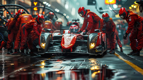 Professional pit crew ready for action as their team's race car arrives in the pit lane during a pitstop of a car race, concept of ultimate teamwork