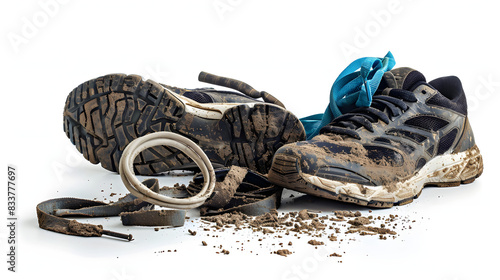 Dirty running shoes and workout gear on floor after exercise isolated on white background, realistic, png 