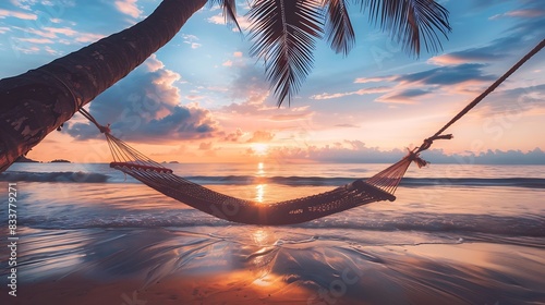 A hammock sways gently on a tropical beach at sunset, with palm trees and the ocean in the background.
