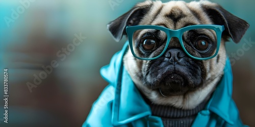 Fashionable Pug Rocking Designer Glasses and Clothes: A Trendsetting Animal. Concept Pug Fashion, Designer Glasses, Trendsetting Animal, Stylish Pug, Fashionable Dog