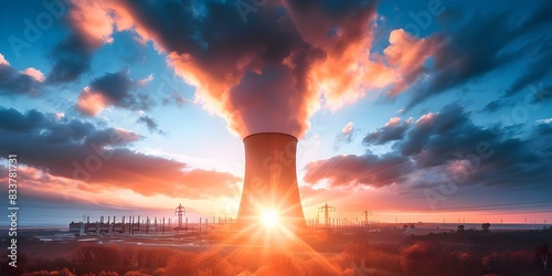 Nuclear Power Plant Generating Electricity and Thermal Energy at Sunset. Concept Energy Generation, Nuclear Power Plant, Sunset Views, Electric Grid, Sustainable Energy