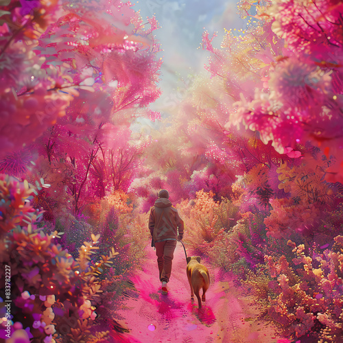 Whimsical atmosphere with a pet lover walking their dog in a vibrant nature park, vibrant theme, blend mode effect, blooming flowers backdrop