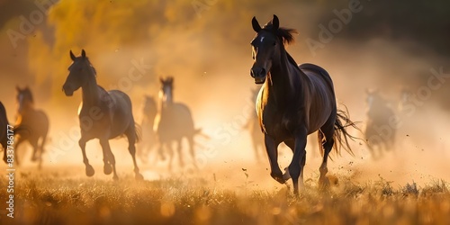 A scene of horses galloping through a dusty field with a blurred background of more horses. Concept Horse Galloping, Dusty Field, Blurred Background, Action Shot