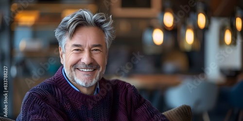 Portrait of a Middle-Aged Man Smiling in a Cozy Sweater Indoors. Concept Indoor Portrait, Cozy Sweater, Smiling Man, Middle-Aged, Comfortable Setting