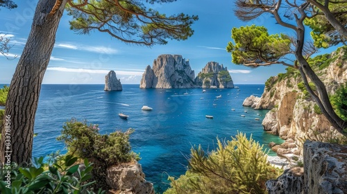 View of the Faraglioni rocks from the Italian island of Capri's Giardini di Augusto gardens.