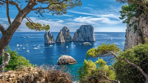 View of the Faraglioni rocks from the Italian island of Capri's Giardini di Augusto gardens.