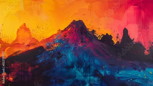 Abstract Volcano, A volcano with abstract shapes and vibrant colors