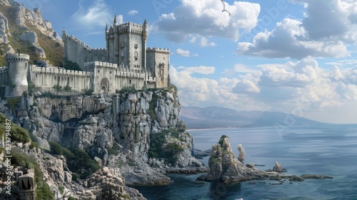 A majestic castle perched on a rocky cliff overlooking the sea.