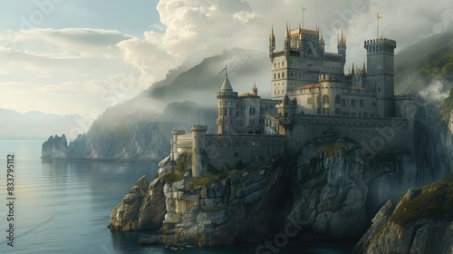 A majestic castle perched on a rocky cliff overlooking the sea.