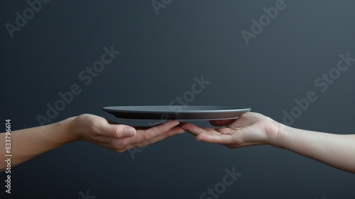 Both hands symmetrically extended as if holding an invisible tray
