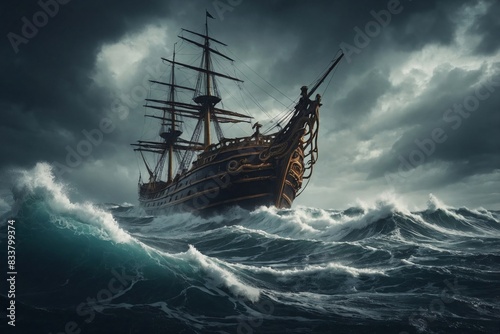 Fantasy image of ancient yacht in the stormy ocean