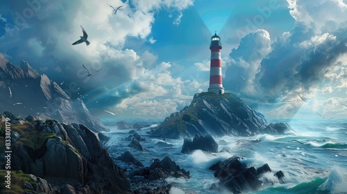 A majestic lighthouse standing sentinel over a rocky coastline.