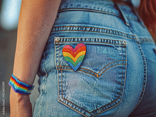 close-up of an individual showing support for LGBTQ rights, featuring a rainbow flag tucked into the back pocket of their jeans