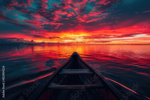 Serene lake with a canoe and a vibrant sunset background