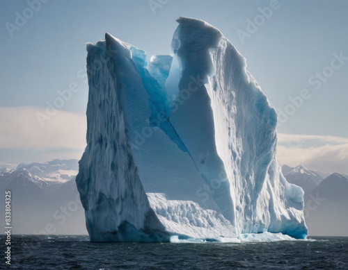 La luce del mattino illumina l'iceberg, rivelando le sue complesse formazioni e sfumature di blu.