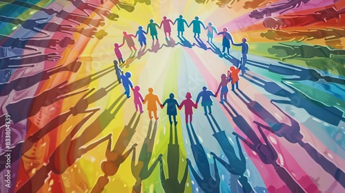 13. An illustration of a diverse group of people holding hands in a circle, symbolizing unity and equality, with a large rainbow flag waving in the background