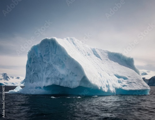 Un iceberg fluttua serenamente nell'oceano, con piccoli pezzi di ghiaccio che si staccano e galleggiano intorno.