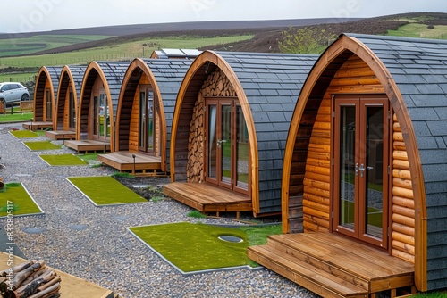 A row of glamping pods, single storey wooden cabins with an arched roof and large windows