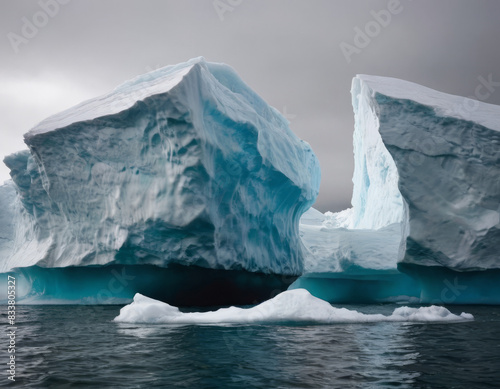 L'iceberg appare come una fortezza naturale, con torri e bastioni di ghiaccio che si elevano verso il cielo.