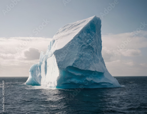 La maestosa figura dell'iceberg si staglia contro un cielo tempestoso, con nubi scure che aggiungono drammaticità.