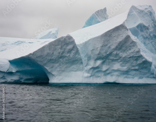 L'iceberg si erge solitario in mezzo al mare, con le onde che si infrangono dolcemente alla sua base.