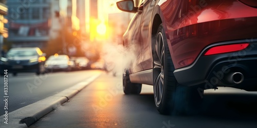 Closeup of car exhaust pipe in traffic jam with engine running. Concept Closeup photography, Car exhaust, Traffic jam, Engine running, Urban environment