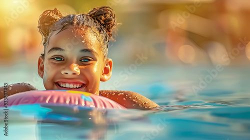Happy smiling African girl with pink inflatable ring in blue swimming pool at resort. Summer family vacation concept. Copy space.