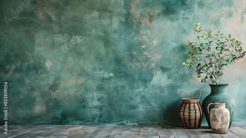 A beautiful green vase with a plant in it sits on a wooden floor in front of a dark green textured wall. Next to it is a brown wicker basket.