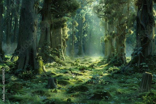 lush forest with mossy trees and vines