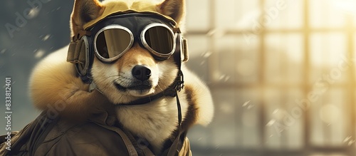 Hilarious image of an Akita inu dog wearing a pilot outfit in an airport setting with a blank space for text or graphics. with copy space image. Place for adding text or design