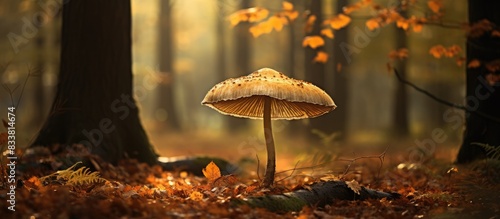 Autumn forest scene featuring Macrolepiota procera, an edible parasol mushroom in a serene setting with copy space image.