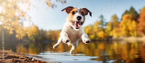 A Jack Russell Terrier frolicking outside with a copy space image.