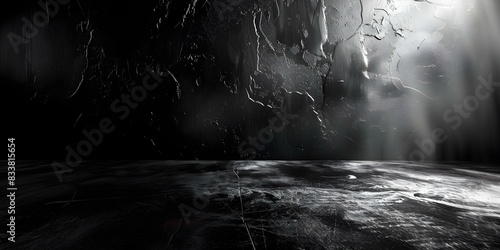 Creating a Dark Grunge Background with Gritty Black Wall and Concrete Floor. Concept Grunge Photography, Dark Aesthetic, Gritty Background, Textured Surfaces, Moody Atmosphere