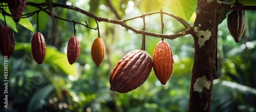 Cacao fruits growing on a tree in a lush garden setting with ample copy space image.