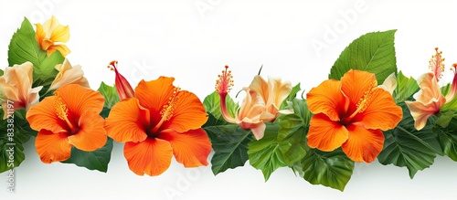 Vibrant orange hibiscus flowers and lush green leaves against a white background, providing ample copy space image.