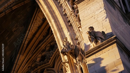 Close-up of the intricate stonework on the facade of Notre-Dame Cathedral, detailed gargoyles, soft evening light.