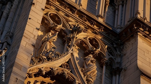 Close-up of the intricate stonework on the facade of Notre-Dame Cathedral, detailed gargoyles, soft evening light.